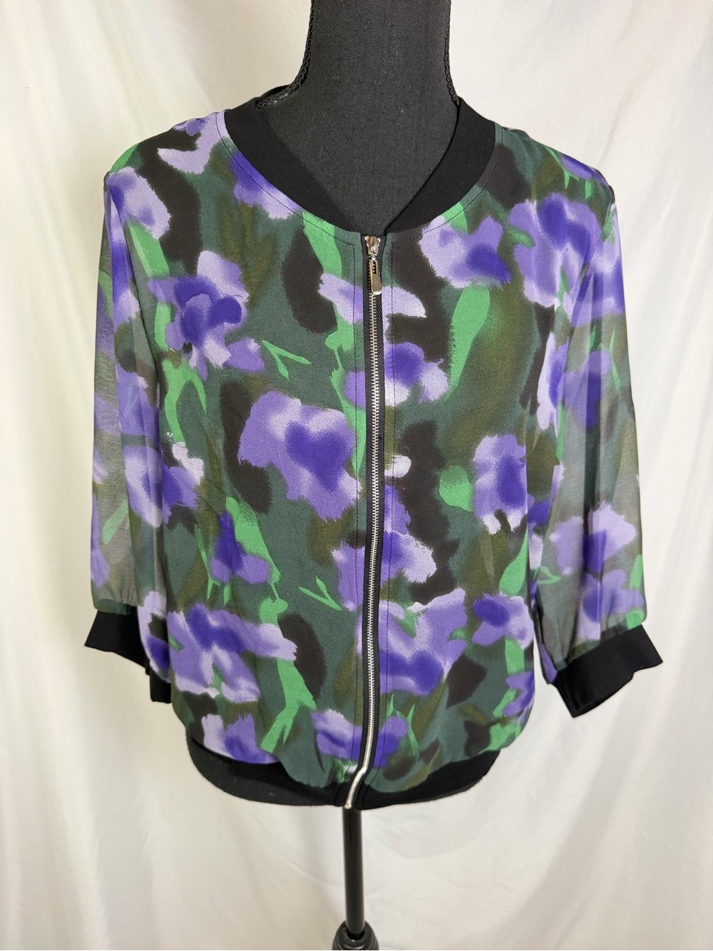 Alessandro de Vin Silk Sheer Floral Bomber Jacket XL Italy Zip Front Luxury